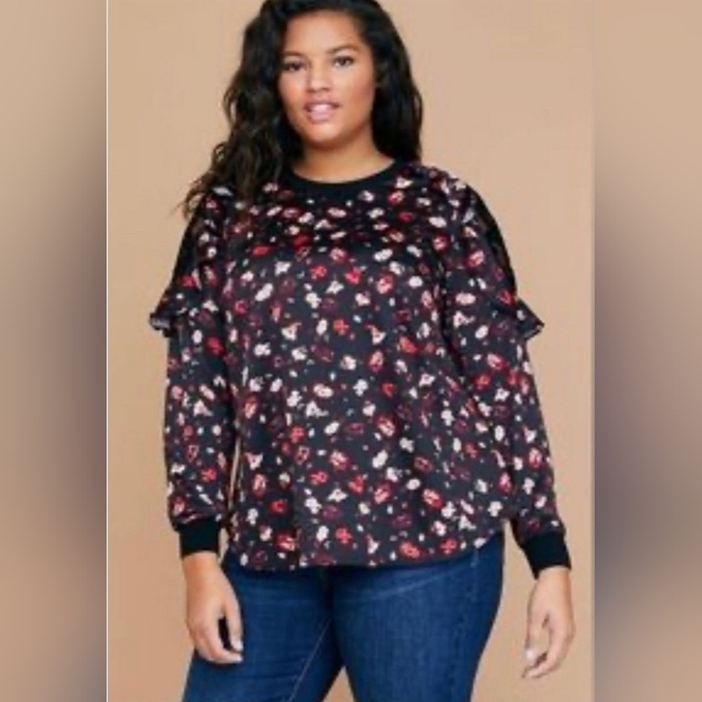Lane Bryant Plus‎ Floral Ruffle Top Black Red Lace Cold Shoulder 18 20